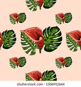 Seamless pattern with tropical leaves and callas lilies flowers. Dark and bright green palm leaves, seamless pattern. Tropical illustration. Jungle foliage.