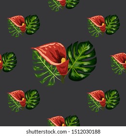 Seamless pattern with tropical leaves and callas lilies flowers. Dark and bright green palm leaves, seamless pattern. Tropical illustration. Jungle foliage.