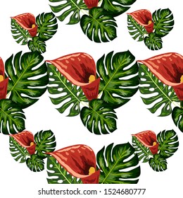 Seamless pattern with tropical leaves and callas lilies flowers. Dark and bright green palm leaves, seamless pattern.
