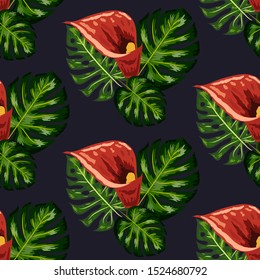 Seamless pattern with tropical leaves and callas lilies flowers. Dark and bright green palm leaves, seamless pattern.