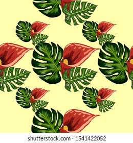 Seamless pattern with tropical leaves and callas lilies flowers. Jungle foliage.