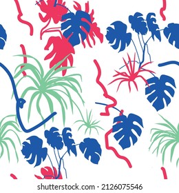 seamless pattern of tropical leaves. It can be used on wrapping paper, fabrics or as a background on any design