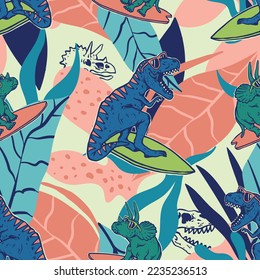 Seamless pattern of a tropical leaves with cartoon dinosaur background elements. For boys swimming short.