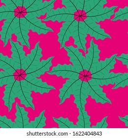 Seamless pattern with tropical leaves in a circle in a flat style on a pink background. Stock vector illustration for decoration and design, packaging, wallpaper, wrapping paper, fabrics, posters