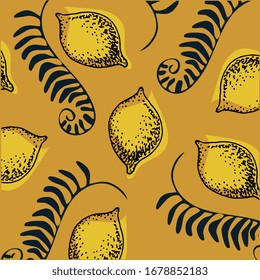 Patrón sin inconvenientes con hojas tropicales y cítricos sobre un fondo oscuro. Diseño de vectores. Impresión exótica. Textiles e impresión