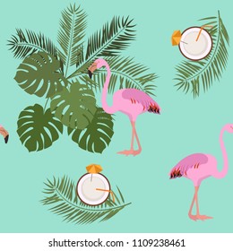 Seamless pattern with tropical leaves, coconut and pink flamingo. For decorating textiles, packaging and wallpaper. Vector illustration.