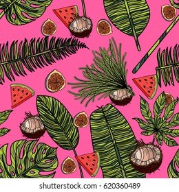 Seamless pattern with tropical leaves, coconut, watermelon and figs. Vector illustration.