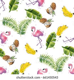 Seamless pattern with tropical leaves, coconuts, bananas and flamingos.