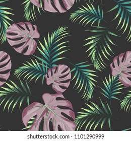 Seamless pattern with tropical leaves. Colored and bright green palm leaves on the black background. Vector seamless pattern. Tropical illustration. Jungle foliage. Vintage colors.