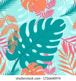 Seamless pattern of tropical leaves. Colorful. Summer background, funny backdrop. Wallpaper,wrapping, package product. Vector illustration. Print of clothes, bag t-shirt