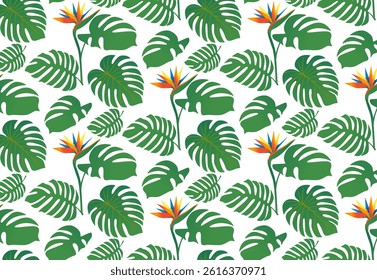 Seamless pattern with tropical leaves and colorful flowers. Vector hand drawn illustration