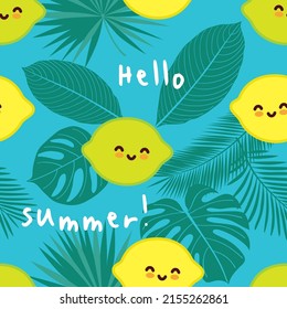 Seamless pattern with tropical leaves and cute lemons and limes for textile, wallpapers and gift wrap. Summer background for fabric manufacturing, covers, surface, print, scrapbooking. Vector