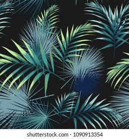 Seamless pattern with tropical leaves. Dark green palm leaves on the black background. Vector seamless pattern. Tropical illustration. Jungle foliage.