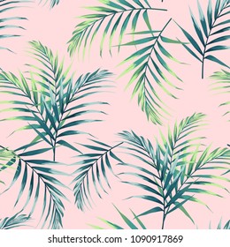 Seamless pattern with tropical leaves. Dark and bright green palm leaves on the light pink background. Vector seamless pattern. Tropical illustration. Jungle foliage. Vintage colors.