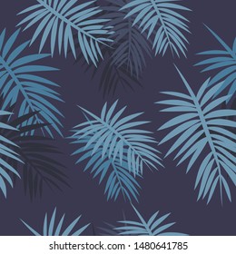 Seamless pattern with tropical leaves. Dark blue background. Vector print for packaging, wrappers, covers.