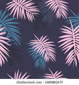 Seamless pattern with tropical leaves. Dark blue background. Vector print for packaging, wrappers, covers.