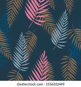 Seamless pattern with tropical leaves. Dark blue background. Vector print for packaging, wrappers, covers