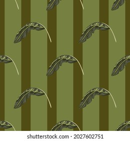 Seamless pattern with tropical leaves decorative ornament. Pale green striped background. Simple style. Vector illustration for seasonal textile prints, fabric, banners, backdrops and wallpapers.