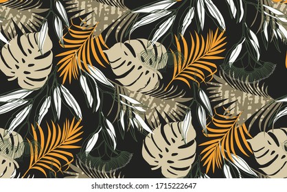 Seamless   pattern of tropical leaves, dense jungle green khaki colors. Banner with tropic summertime topic wrapping paper, textile or wallpaper design,background, bed linen