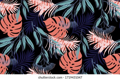 Sin inconvenientes   patrón de hojas tropicales, denso color naranja esmeralda selva azul. Cartel con papel trópico para envolver temas de verano, diseño textil o de papel pintado, fondo, ropa de cama