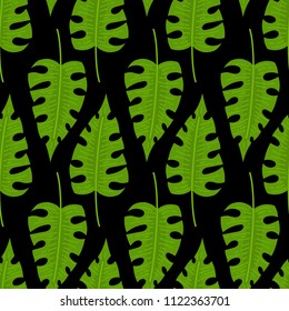 Seamless pattern with tropical leaves doodle style. Vector