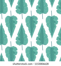 Seamless pattern with tropical leaves doodle style. Vector