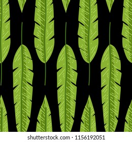 Seamless pattern with tropical leaves doodle style. Vector