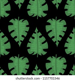 Seamless pattern with tropical leaves doodle style. Vector