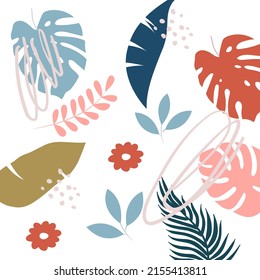 Seamless pattern with tropical leaves and doodles. Banana leaves, branches, monstera, dots in doodle style. Trendy wallpaper on a white background.