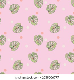 Seamless pattern with tropical leaves and dots in modern beautiful colors