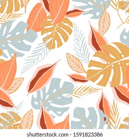 Seamless pattern of tropical leaves drawing abstract illustration. Vector floral elements color for  invitation and greeting card design, wrapping paper, textile fabric and wallpaper decor.