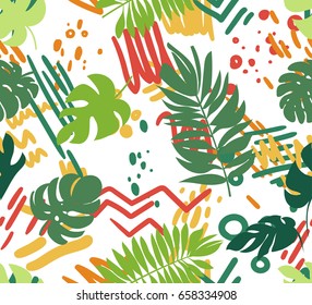 Seamless pattern with tropical leaves and elements