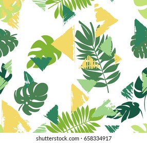 Seamless pattern with tropical leaves and elements of grunge triangles