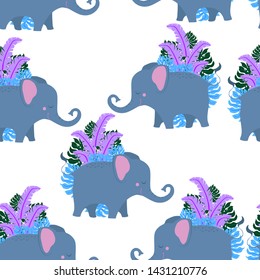 seamless pattern, tropical leaves ,elephant, vector, cartoon style