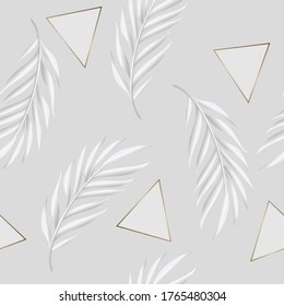 Seamless pattern with tropical leaves in embossed print style. White vector background with gold elements.