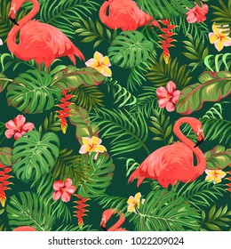 Seamless pattern with tropical leaves, exotic flowers and beautiful flamingos