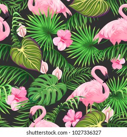 Seamless pattern with tropical leaves, exotic flowers and flamingo