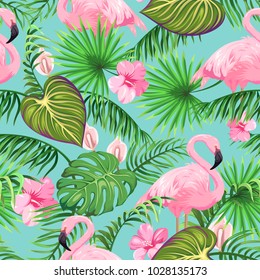 Seamless pattern with tropical leaves, exotic flowers and flamingo 