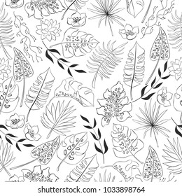 A seamless pattern with tropical leaves, exotic plants, pralmas, flowers, succulents. Silhouettes. Tropics.