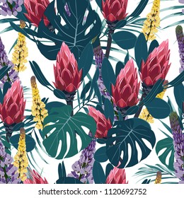 Seamless pattern with tropical leaves and exotic protea and lupine flowers. Bright palm leaves on the white background. Vector seamless pattern. Tropical illustration. Jungle foliage. Vintage colors.