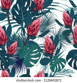 Seamless pattern with tropical leaves and exotic protea flowers. Bright green palm leaves on the white background. Vector seamless pattern. Tropical illustration. Jungle foliage. Vintage colors.