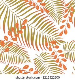 Seamless pattern with tropical leaves of exotic plants. Colorful vector illustration in sketch style.