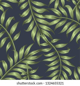 seamless pattern with tropical leaves. Exotic vector seamless pattern with hawaiian plants. dark jungle indigo with  palm leaves