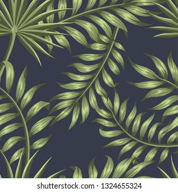 seamless pattern with tropical leaves. Exotic vector seamless pattern with hawaiian plants. dark jungle indigo with  palm leaves