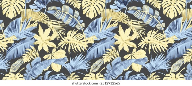 Padrão contínuo com folhas tropicais e flores exóticas Strelitzia. Flores de Bird of Paradise. Monstera e folhas de palmeira. Plano de fundo vetorial desenhado à mão.