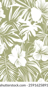 Seamless pattern with tropical leaves and exotic flowers on a green background. Hand drawn vector. illustration.