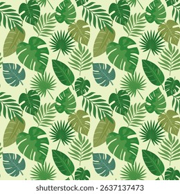 Seamless pattern with tropical leaves. Exotic jungle plants, tropical vacation theme. For banner, background, wrapping paper, textile.Vector illustration on light yellow background.