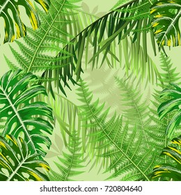 Seamless pattern with tropical leaves and ferns