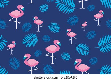 Seamless pattern tropical leaves with flamingo on blue background