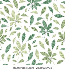 Seamless pattern with tropical leaves in flat style. Endless texture with palm leaves. Botanical background for fabric, wallpaper, wrapping paper, scrapbooking etc